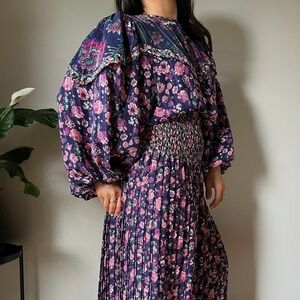 Vintage Diane Freis Romantic Floral Maxi Dress Boho Prairie 1980s M–L